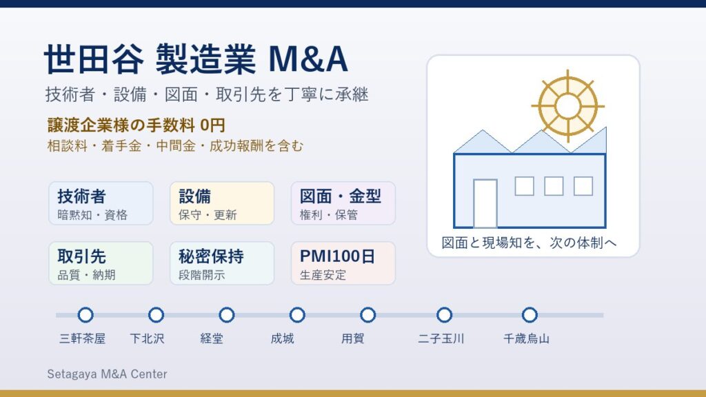 世田谷 製造業 M&Aで技術者と設備と図面を承継する流れを示すアイキャッチ画像
